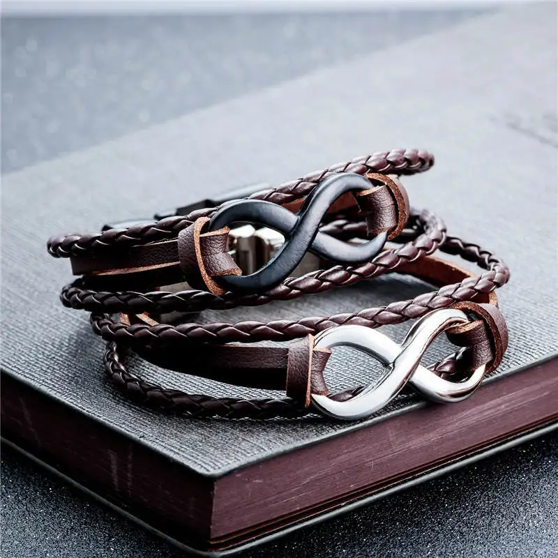 

Bobo Cover new trendy genuine Black leather charm bracelet men infinity couple bracelets & bangle for mens jewelry femme