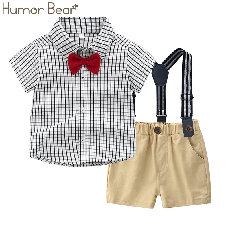 

Humor Bear Summer Children's Suit Kids Suit For Boy Gentleman Bow Tie Short-Sleeved Shirt + Strap Shorts Baby Boys Clothes Set