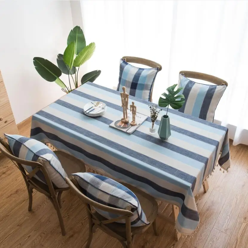 Mediterranean Blue Striped Fabric Table Cloth Waterproof Polyester