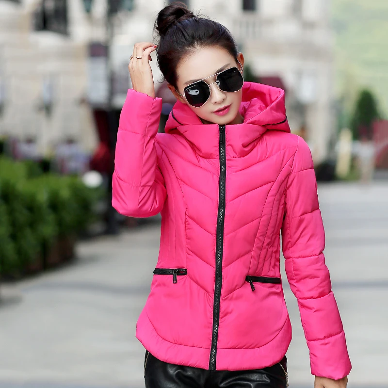 2019 Fashion Short Winter Jacket Women Slim Female Coat Thicken Parka Cotton Hooded Fur Collar candy-colored Ladies Jacket
