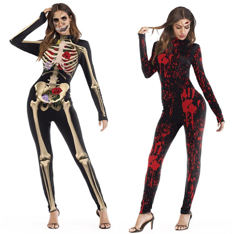 

Cosplay Halloween Horror Party Costume Zombie Vampire Blood Print Witch Ghost Skinny Jumpsuit Adult Women Bodysuit fancy Costume