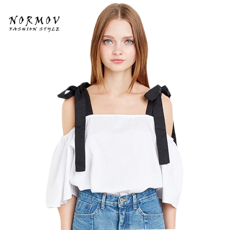 Normov M-XL 2017 القوس قميص قمم مثير الكتف معطلة كم قصير المرأة العصرية الملابس كبيرة الحجم تصميم سيدة القمم