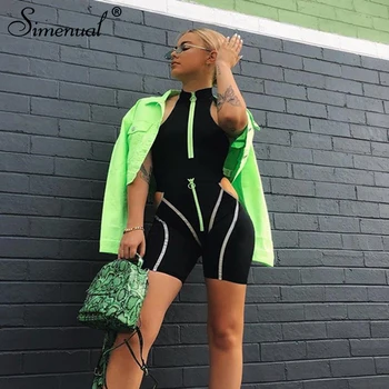 Simenual Casual Sporty Women Two Piece Sets Reflective Striped Zipper Outfits Bodysuit And Cut Out Shorts Set Streetwear Fashion cut out striped color block blouse