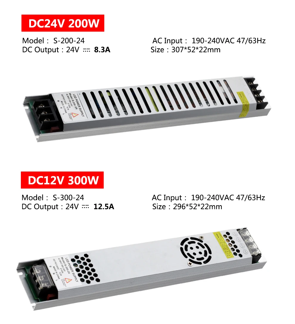 Ультратонкий импульсный источник Питание DC 5 V/12 V/24 V LED трансформаторы 200W 300W AC190-240V драйвер для Светодиодный полоски