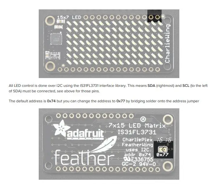 1 шт. x IS31FL3731 светодиодный матричный дисплей Opto FeatherWing платформа оценка Плата расширения 15X7 CHARLIEPLEX желтый