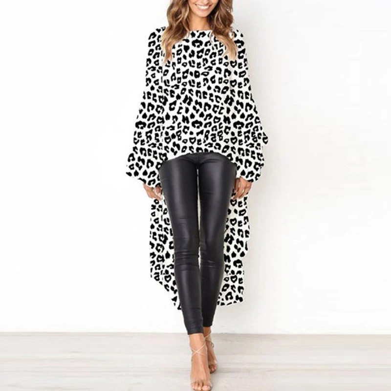 Women's Sexy Leopard Printing Dress 2019 Autumn Long Sleeve O-Neck Irregular Dresses Lantern Sleeve Female Casual Dress Vestidos