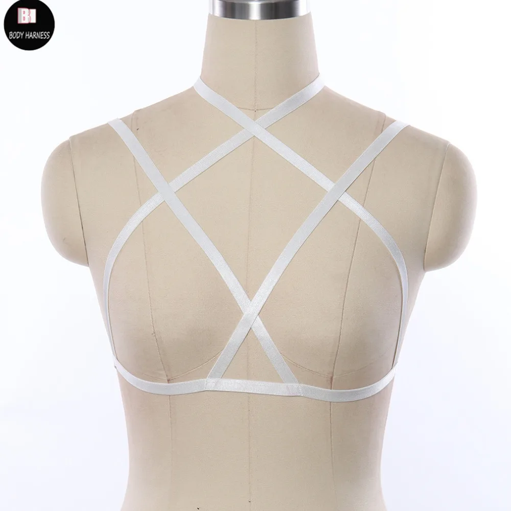

Crop Top Women Body Harness Cage Bra White Elastic Bondage Harness Sexy Lingerie Punk Harajuku Goth Fetish Rave Bustier