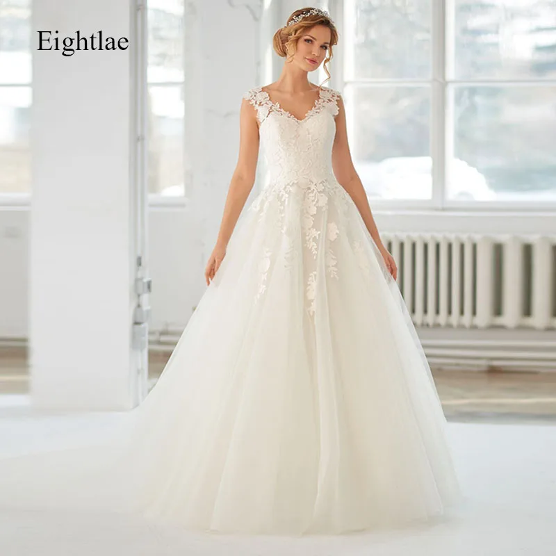 

Eightale Wedding Dress 2019 Boho Applique Sheer Illusion Back A Line Long V Neck Tulle Bridal Dress vestido de festa longo