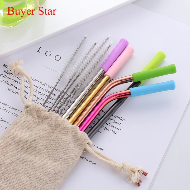 

New Stainless Steel Colorful Straight&Bend Reusable Drinking Straw With Silicone Tips And Cleaner Brush Free Bag Bar Accessories