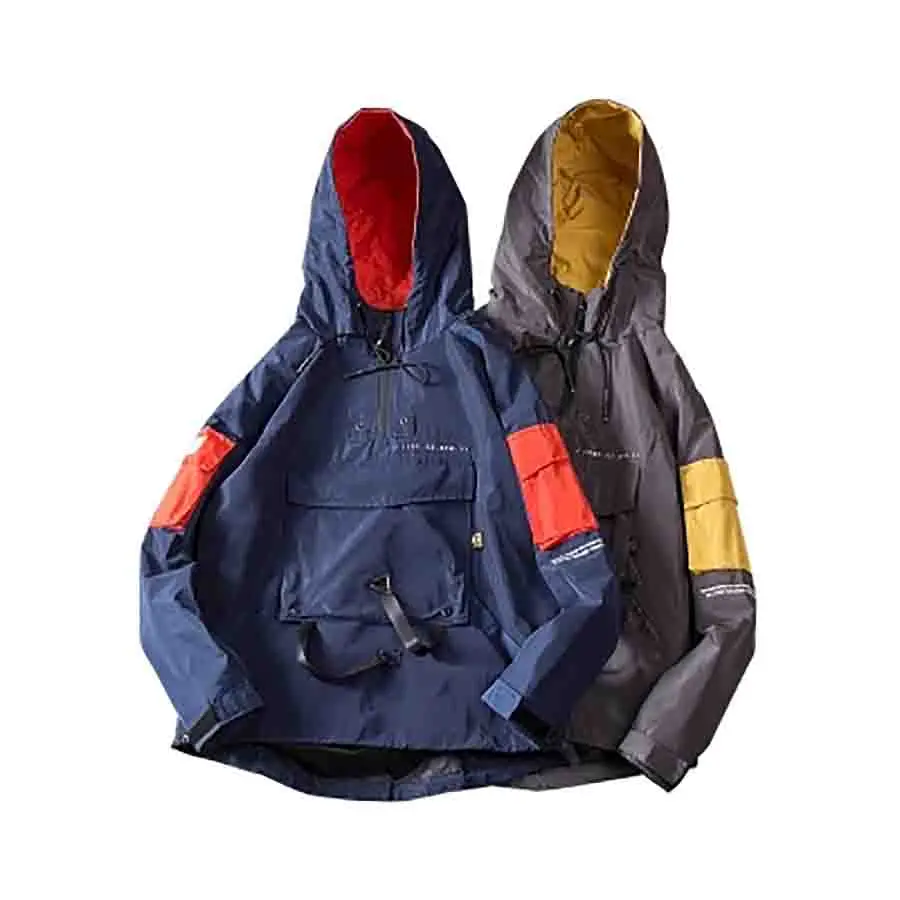 Vintage Half Zip Windbreaker Jacket Men Pullover Hoodie Hip Hop Streetwear Man Jacket Color Block Chaquetas Para Hombre 5J44