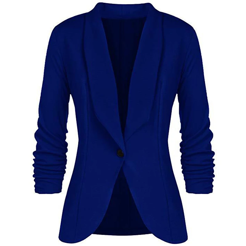 Kaufen CINESSD Büro Dame Blazer Mantel Solide Langen Ärmeln Strickjacke Taste Casual Anzug Navy Blau Drapierte Dünne Baumwolle Frauen Blazer Jacke