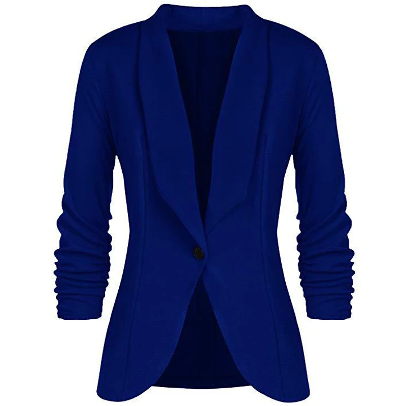 CINESSD Office Lady Blazers Coat Solid Long Sleeves Cardigan Button Casual Suit Navy Blue Draped Slim Cotton Women Blazer Jacket
