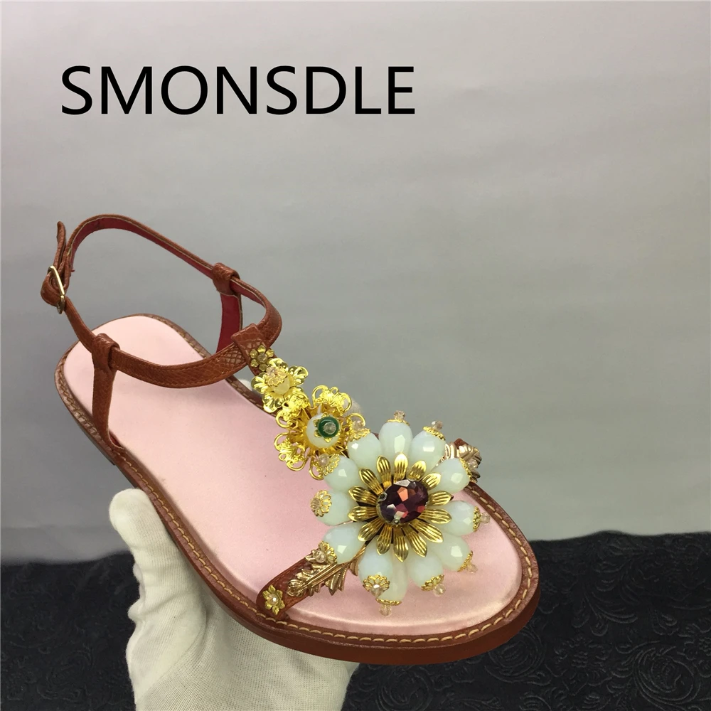 

Fashion Flat Sandals Women Genuine Leather with Crystal Bowlder Beach Shoes Buckle Strap Ladies Shoes