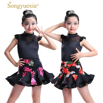 

New Arrival children Dance Skirt Show Performance Girl Lace Printing tassel dress Girls Polyester Professional latin dress