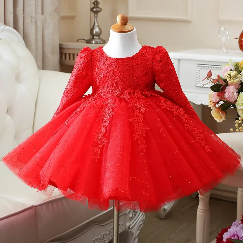 2017 High Quality Long sleeve Girl Lace Princess Dress with Sequin Bow Girl Wedding Dress