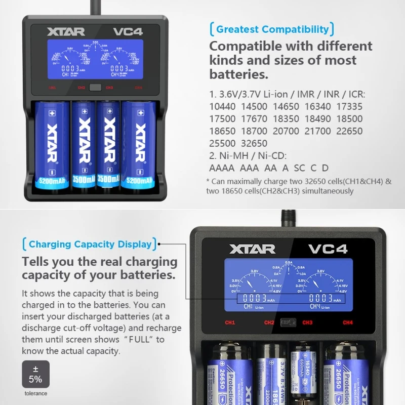 XTAR VC4 зарядное устройство для батареи 3,7 в Интеллектуальный литий-ионный 18650 26650 10440 16340 18350 26500 AA/AAA NiMH Зарядное устройство для литиевых батарей