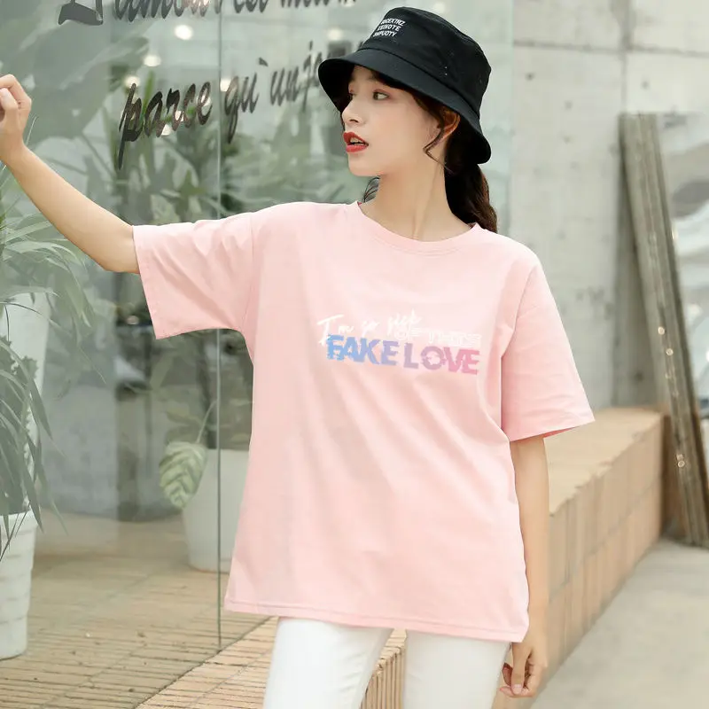 Корейская Kpop футболка с коротким рукавом, топы для женщин, Повседневная футболка с надписью I'm So Sick Of This Fake Love Album, женская уличная одежда tumblr - Цвет: Розовый