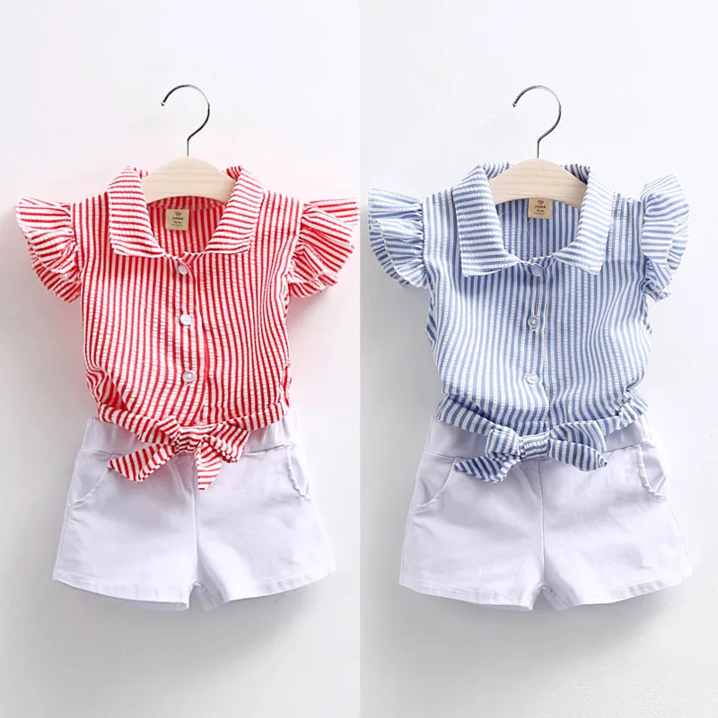 

2018 Summer 2 3 4 5 6 7 810 Years Teenager Yong Kids Girl Cotton Spriped Fly Sleeve Shirt+White Shorts 2 Piece Outfits Suit Sets