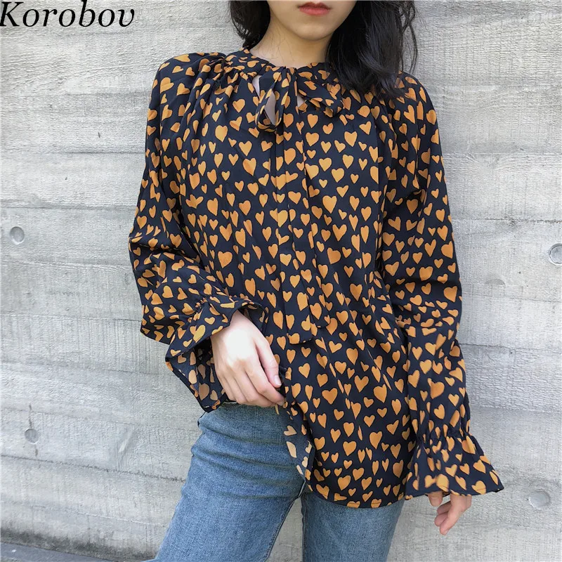 Korobov корейский любовь печати шифон женщин Blusas с расклешенными рукавами блузка