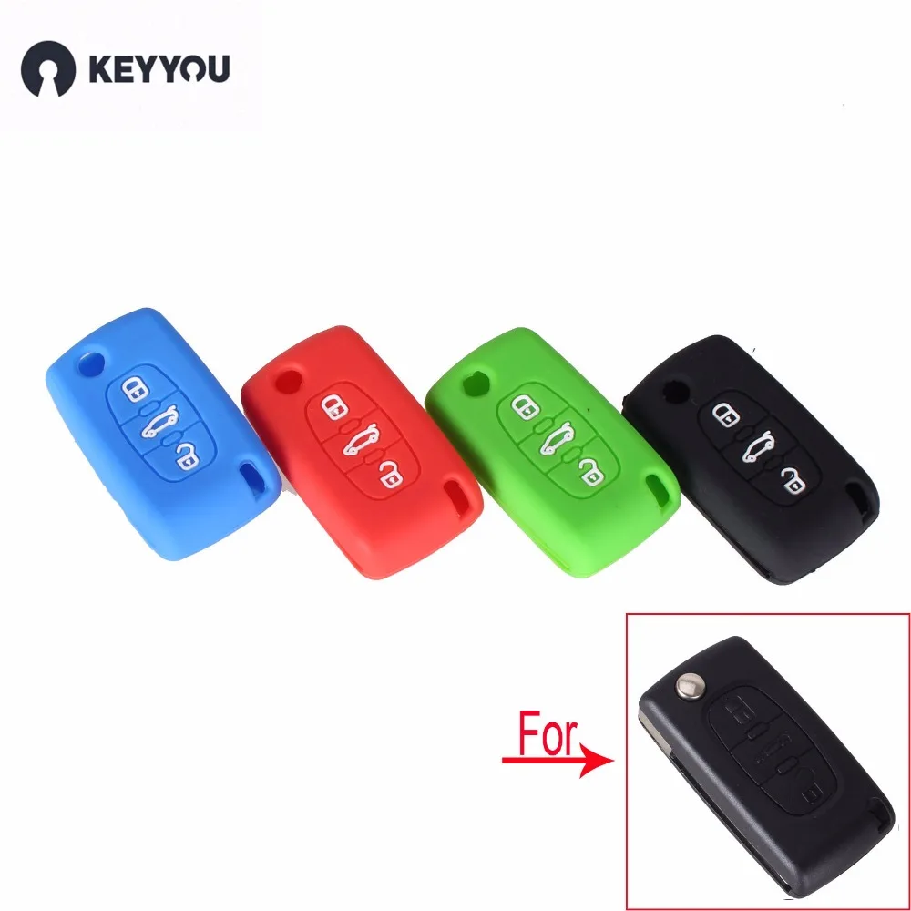 KEYYOU Silicone Car Key Case Cover For 3 Buttons For Peugeot 208 207