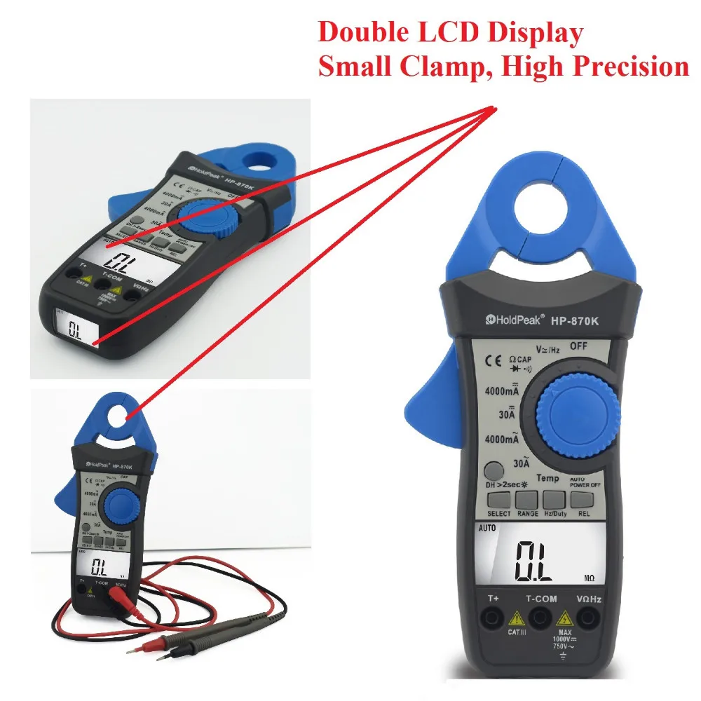 

HoldPeak DC/AC Digital Clamp Meter 4000mA Multimeter Resistance Capacitance Frequency Duty Cycle 870K