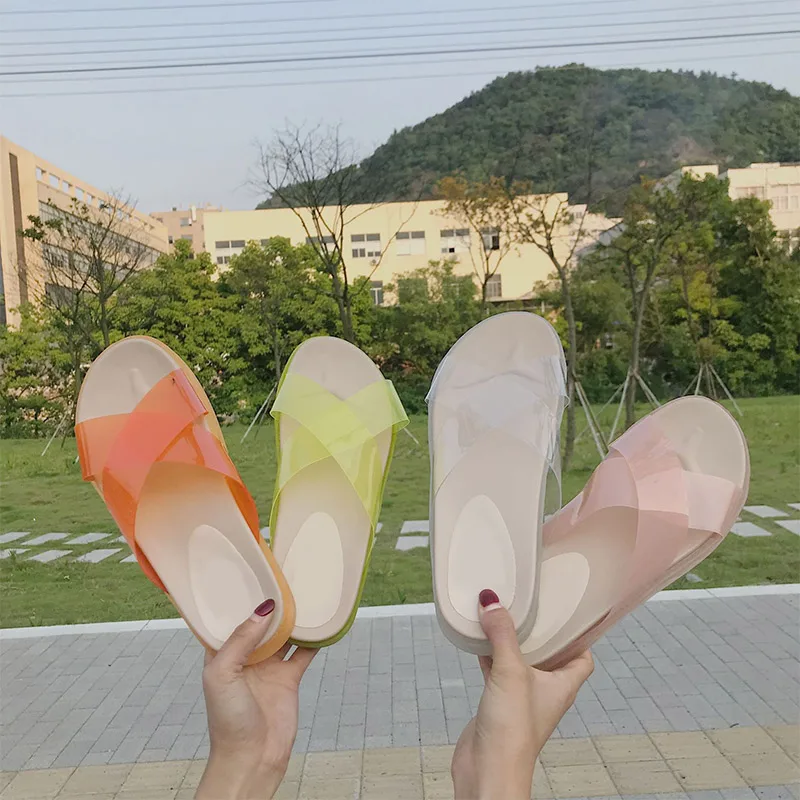 

Women Summer Candy Color Flat Slippers Cross Tied Transparent Soft Jelly Shoes Female Flip Flops Outdoor Beach Ladies Slides