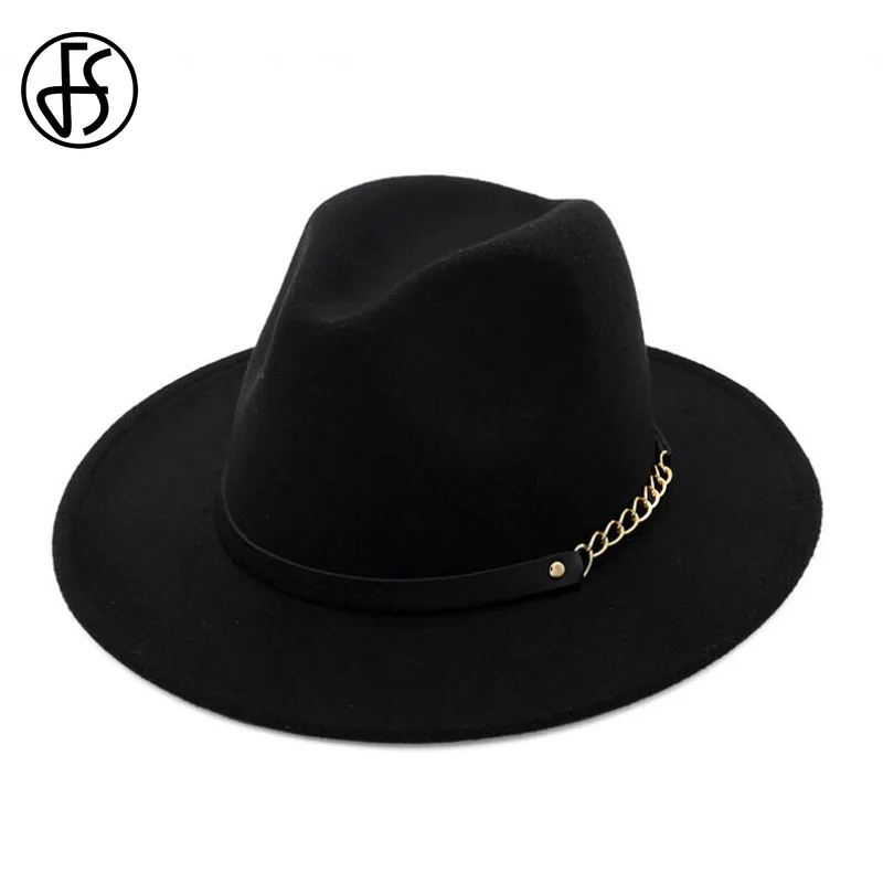 

FS Classic Men Black Wool Wide Brim Fedora Winter Hats For Women Elegant Trilby Hat Metal Chain Panama Jazz Cap Chapeau Femme