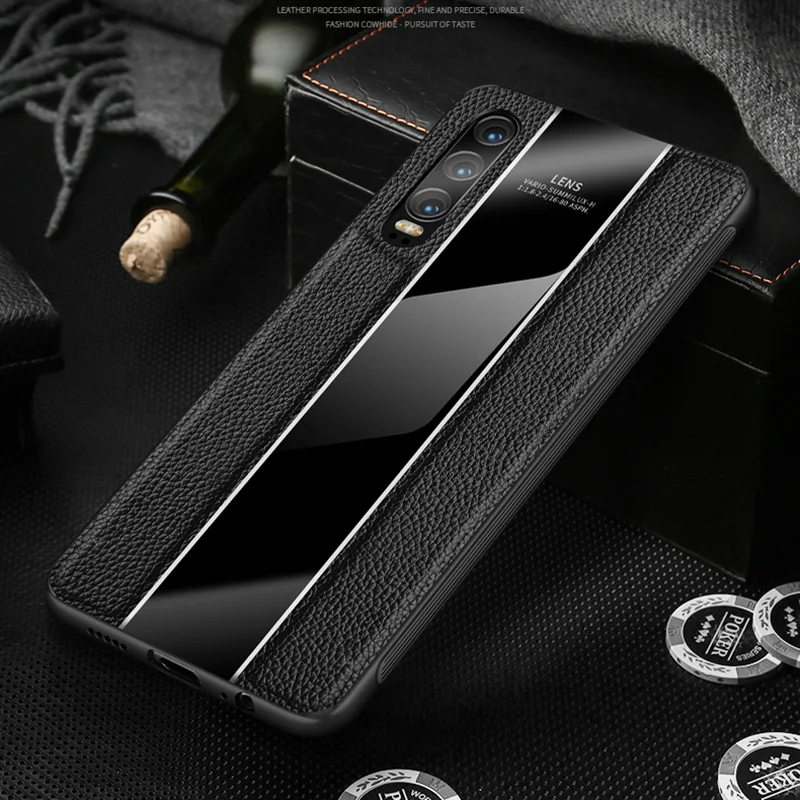 

Case For Huawei P20 Pro Genuine Leather +Plexiglass Soft Silicone Frame Anti-knock Cover Case on For HUAWEI Mate 20 Pro Shell