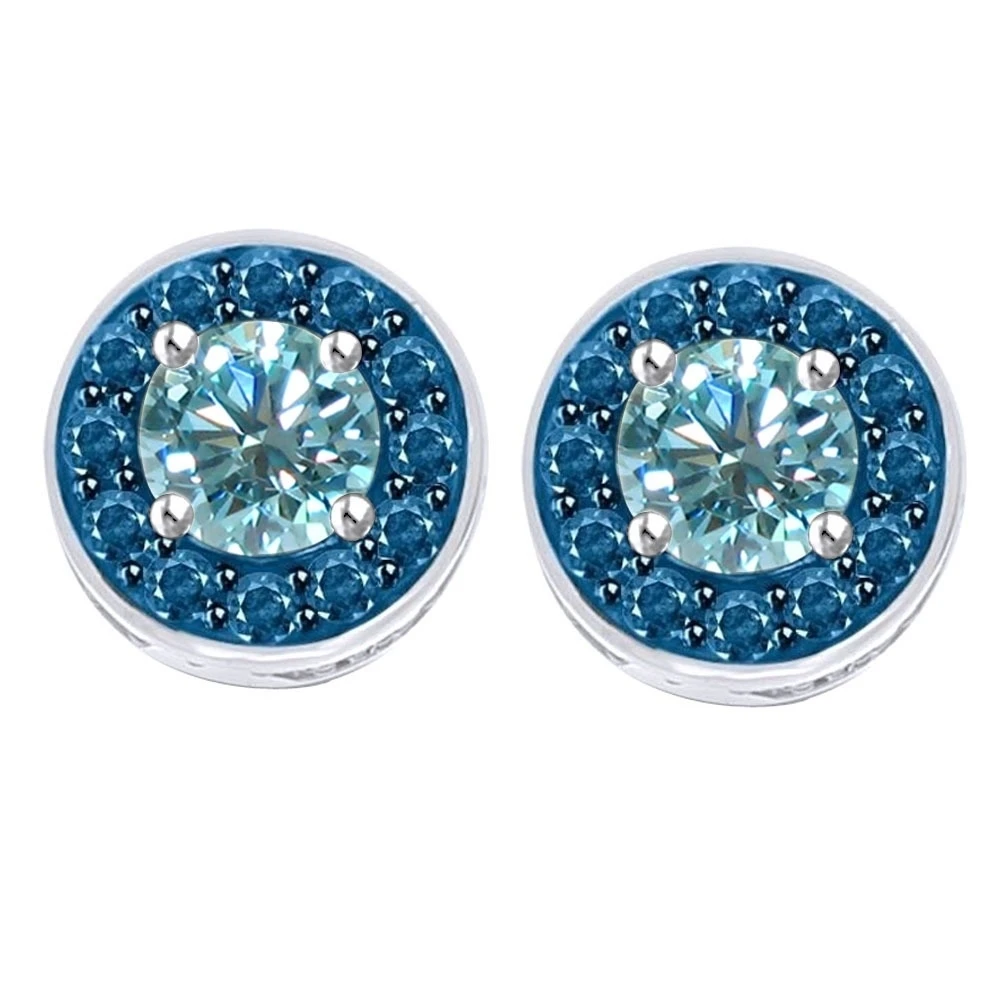 1.5 ct Round Light Blue Moissanite 10k White Gold Halo Bridal Stud Earrings