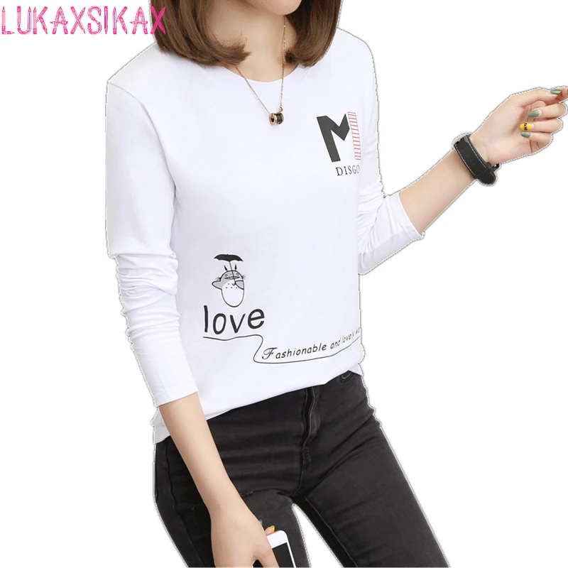 

LUKAXSIKAX High Quality Cotton T-shirt Harajuku Cute Totoro Print Women Long Sleeve T-shirt Casual Autumn Women Tops Camisetas