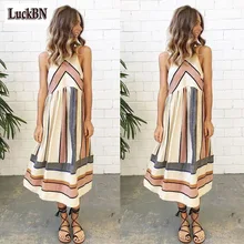 2XL Plus Ukuran O Neck Stripe Patchwork Wanita Lady Musim Panas Gaun Pantai Pakaian Katun Gaun Tanpa Lengan Gaun Pesta Kasual Baru