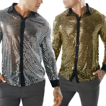 

Mens Long Sleeve Shirt Dot Scales Nightclub Lapel Casual Blouse Fitness Shirt