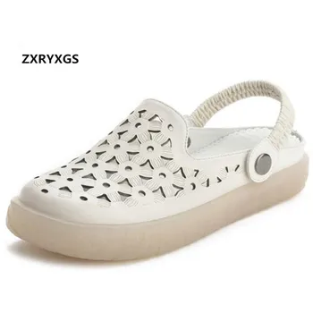 

2019 New Round Head Cowhide Hole Shoes Woman Leather Slippers Summer Casual Sandals Comfortable Soft Summer Shoes Flat Sandals