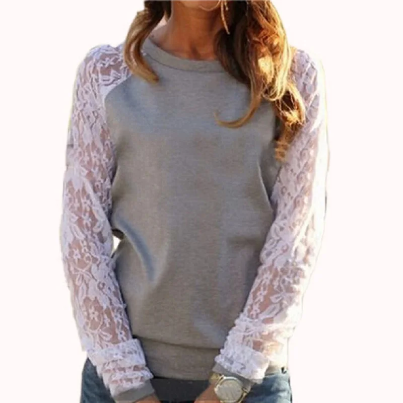 

Fashion Lace Crochet T Shirt Women 201 Autumn Woman Long Sleeve T-Shirt Knitted O-Neck Slim Casual Tops Tees Plus Size Tshirt