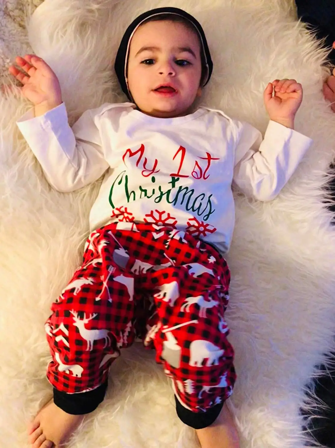 Oklady My First Christmas наряды для маленьких мальчиков комбинезон новорожденных Забавный длинный рукав шляпа и брюки наборы из 3 предметов