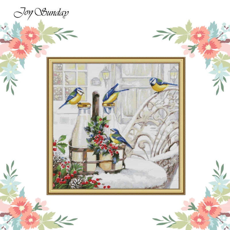 

Joy Sunday Needlework,DMC DIY Cross-stitch Kit,Full Embroidery Kits,bird on the milk bottle Patterns,Printed on Canvas,11ct 14ct