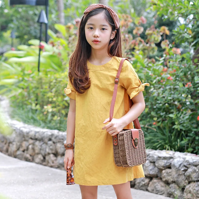 

Summer Korean Style Girl Butterfly Dress Yellow Cotton O-neck Short Sleeve Princess Dress Brief Big Girls 12 13 Party Dresses