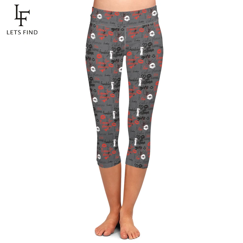 Summer Fashion 3D Letters and Lips Print Capri Leggings Women Fitness Leggings High Waist Elastic Plus Size Mid-Calf Femle Pants