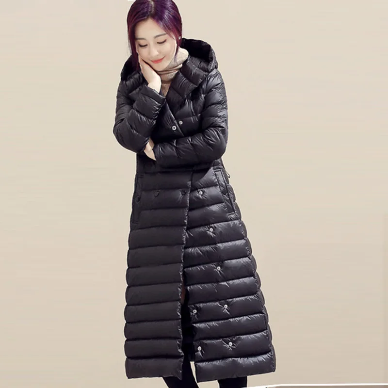 

Autumn Winter Female Down Outwears Women Slim Light Thin Down Jackets Long Casual Hooded 90% White Duck Down Coats LJ2044
