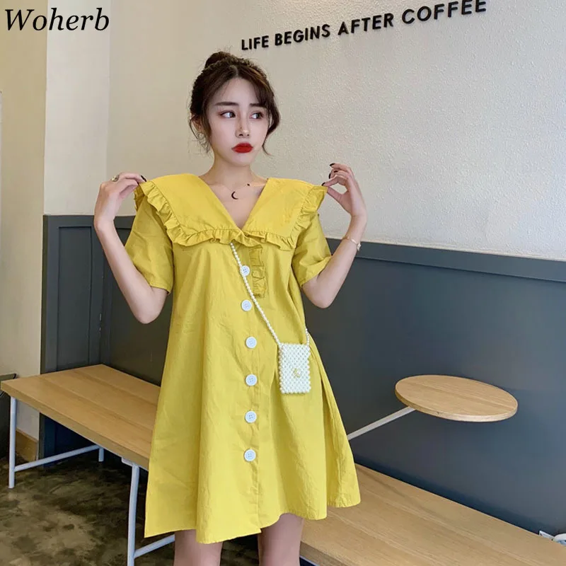 

Woherb Summer Korean Single-breasted Loose Dress Women 2019 Casual Kawaii Ruffle Shirt Dresses Female Vestidos Robe Femme 21635