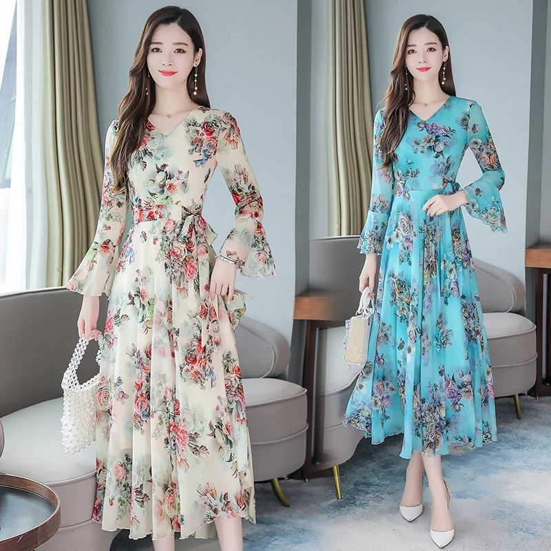 

Retro Fashion Boho Blue Chiffon Party Dress Women Korea Autumn Winter Sexy Slim Long Sleeve Flower Print Pleated Big Swing Dress