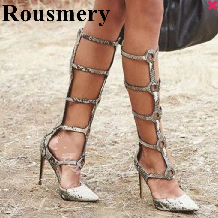 

2019 Newest Fashion Snakeskin Pattern Sexy Thin High Heel And Pointed Toe Shallow Rome Style Summer Hottest Women Sandals