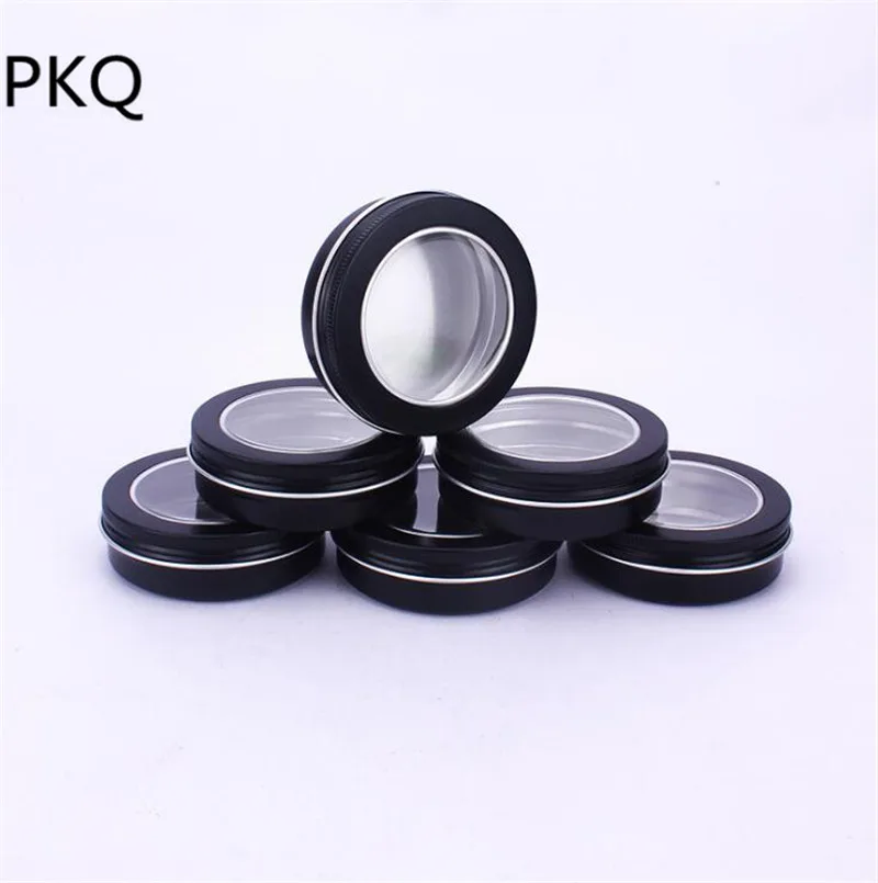 

100ml Black Aluminum Jars with window Boutique Packaging Box Nail Art Makeup Cream Cosmetic Containers Pot Empty Metal Tin 30pcs