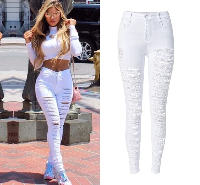 hot style women high waist white denim pants woman pencil popular white pants plus size
