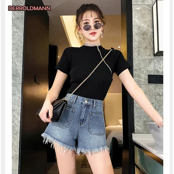 

Plus Size Shorts Ladies Jeans Pants Female Jeans For Large Women Pocket Zipper Washed Bleached High Waist Wide Leg Pants Womens