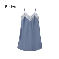 Fiklyc брендовые пикантные для женщин Ночная сорочка Мини Модные Роскошные Рубашки с кружево лоскутное атласные пижамы трусы без рукавов