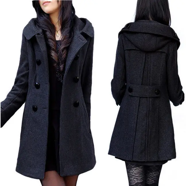 Solid Double Breasted Hooded Wollen Jas 