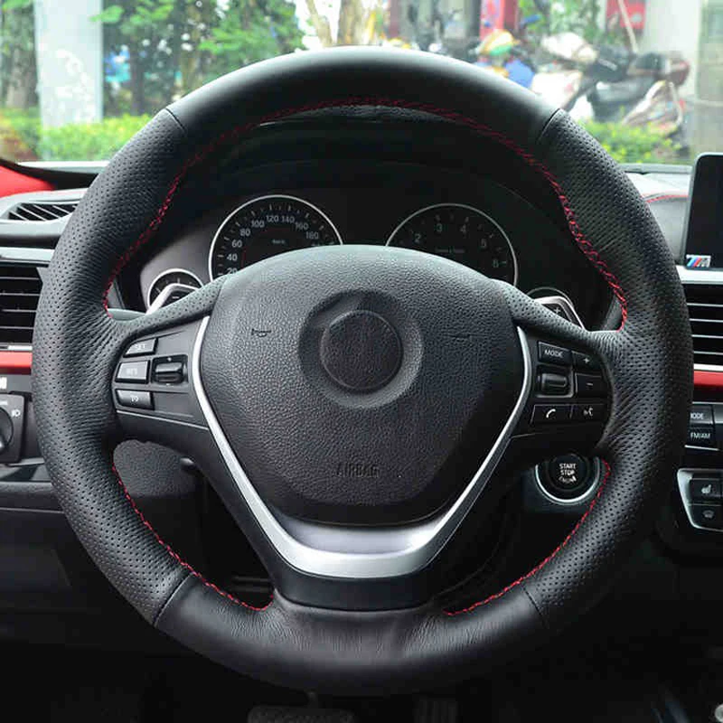 

High Quality cowhide Top Layer Leather handmade Sewing Steering wheel covers protect For BMW F30 320i 328i 320d F20