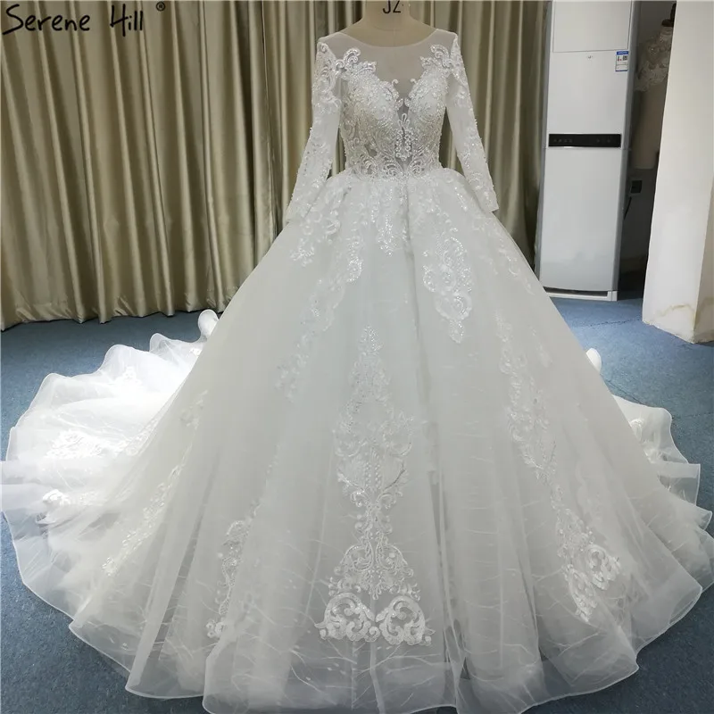 Белые винтажные Длинные рукава высокого класса свадебные платья 2019 Бисероплетение блестками красивые свадебные платья настоящая