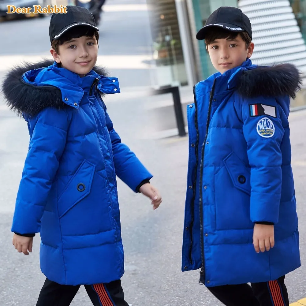 

2018 Parkas Boys Down Jackets Fur Hooded Coat Teenage Boys clothing 10 12 14 yrs Thicken clothes Warm Children Winter Outerwear